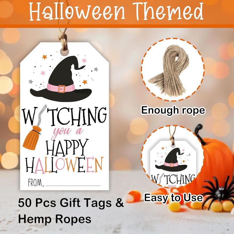 HandEasy 50 Pcs Halloween Tags with String, 2.1"×3.5" Witch Hat Paper Gifts Tags, Trick or Treat for Candy, Happy Halloween Gifts Tag Wrap for Party Favor - B04 - Image 2